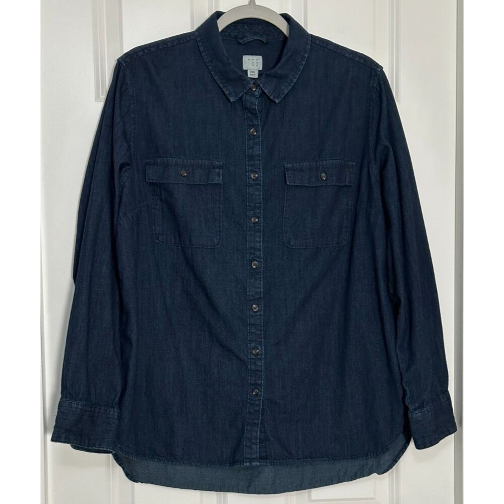 A New Day Denim Button Up Shirt XXL Dark Wash Long Sleeve Casual Utility Cotton